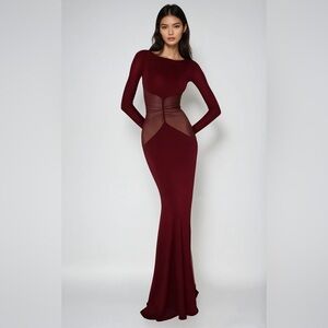 Long Sleeve burgundy Mesh Cutout Maxi Dress – Elegant Evening Gown XS/S